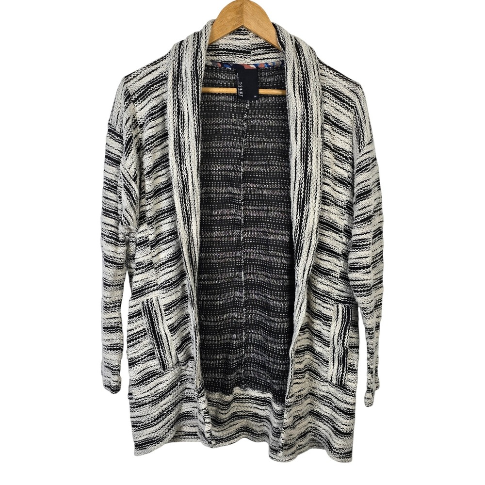 Dolan T-Shirt Womens Medium Black Cream Striped Open Front Cardigan‎ Sweater USA